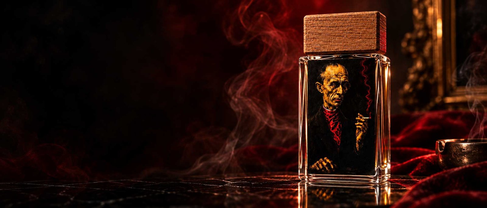 A one-of-one JEE bottle emerging from dark red smoke